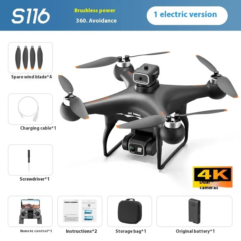 Black S116 brushless quadcopter drone with four propellers and a dual camera, shown with its remote control.