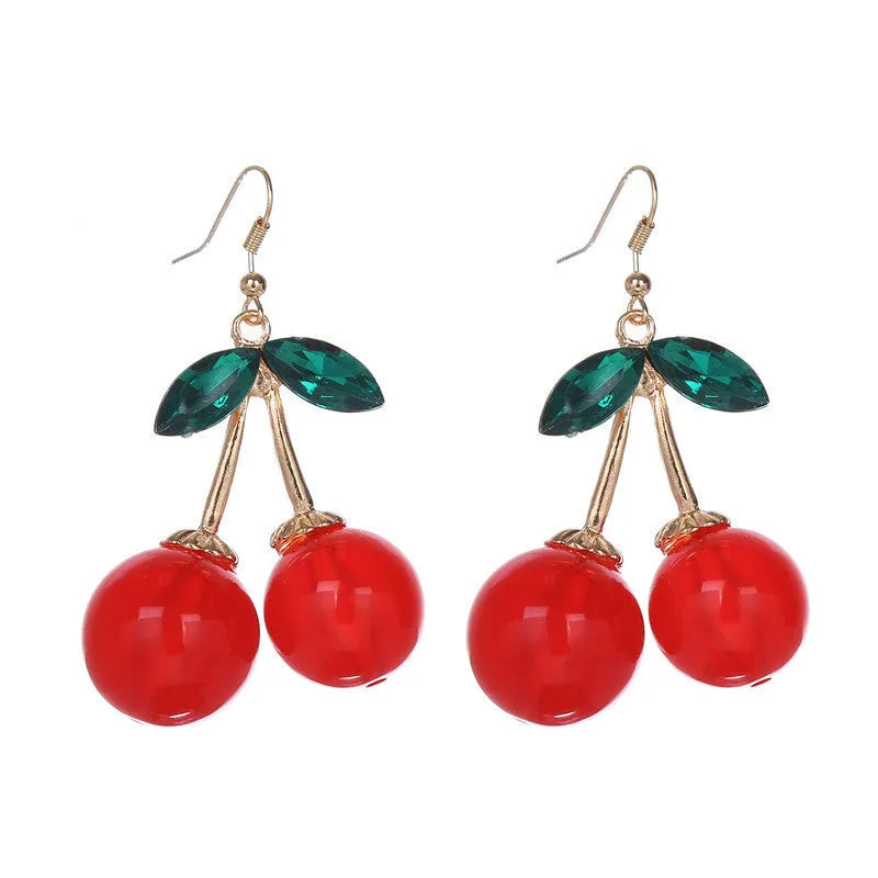 Red plastic cherry earrings with drip oil finish, large size for women