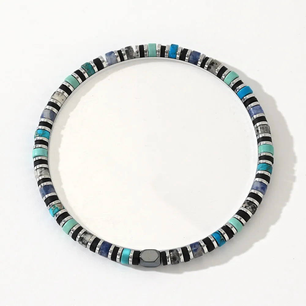 Bohemian hand-woven bracelet with cylindrical semi-precious stones