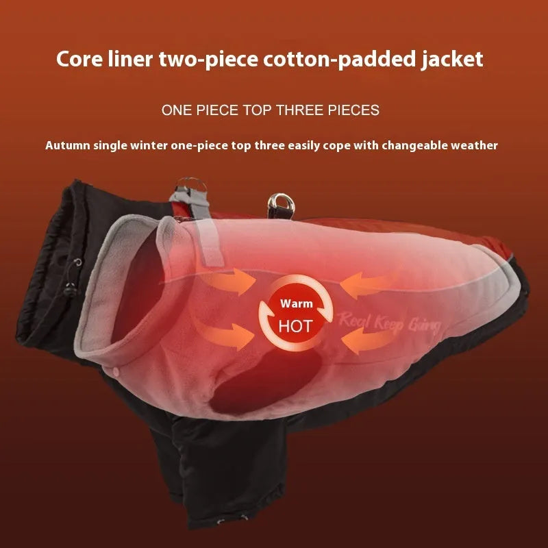 Polar fleece liner dog warm clothing jacket for large dogs with removable liner.