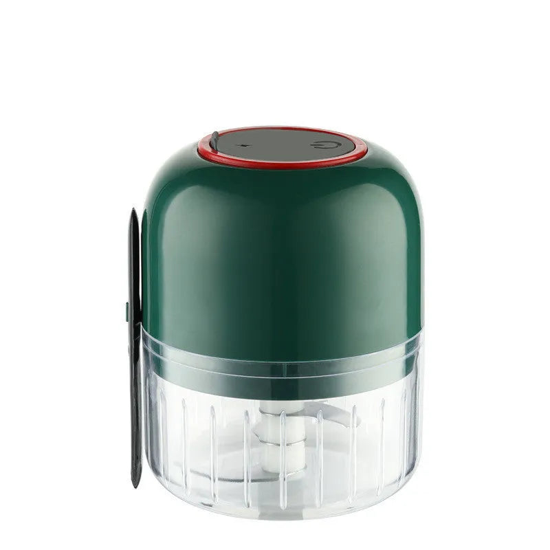 Mini electric garlic masher in blue or green, plastic body, USB charging, 11.5 x 9cm