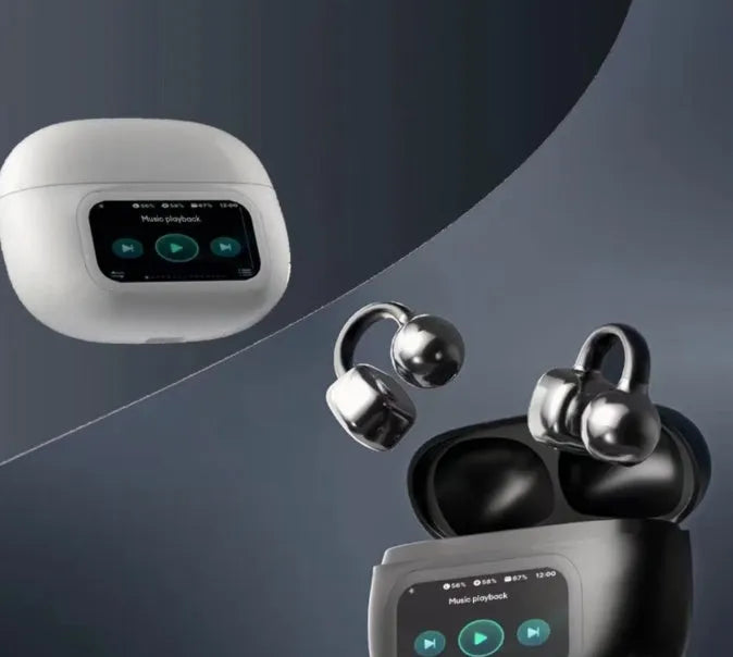 Smart colour screen ear clip Bluetooth headset in black with display screen showing battery