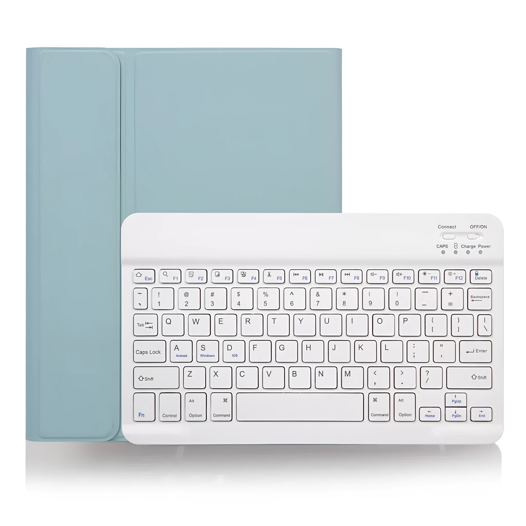 Bluetooth wireless keyboard and its matching split leather protective case in a two-tone colour option