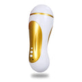 White electric masturbator cup for men with silicone sleeve and USB charging cable, hands-free design