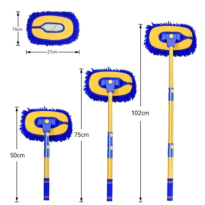 Telescopic curved aluminium car cleaning brush with soft chenille head, shown in yellow and blue colour options.