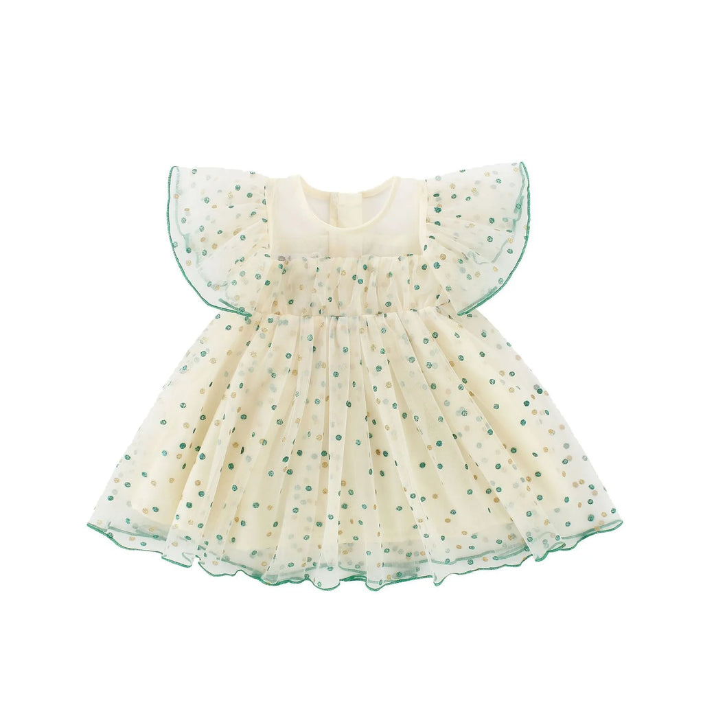 Green striped yellow children's sleeveless dress with A-line skirt and overall romper design