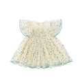 Green striped yellow children's sleeveless dress with A-line skirt and overall romper design