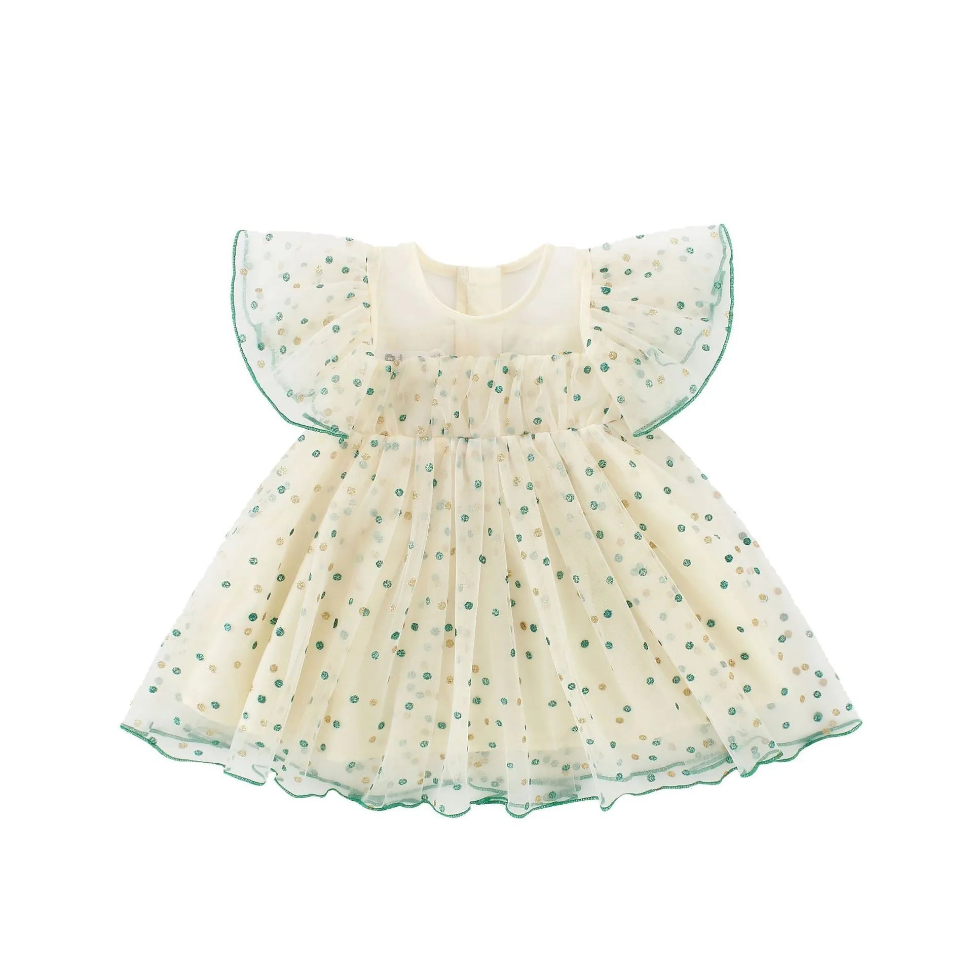 Green striped yellow children's sleeveless dress with A-line skirt and overall romper design