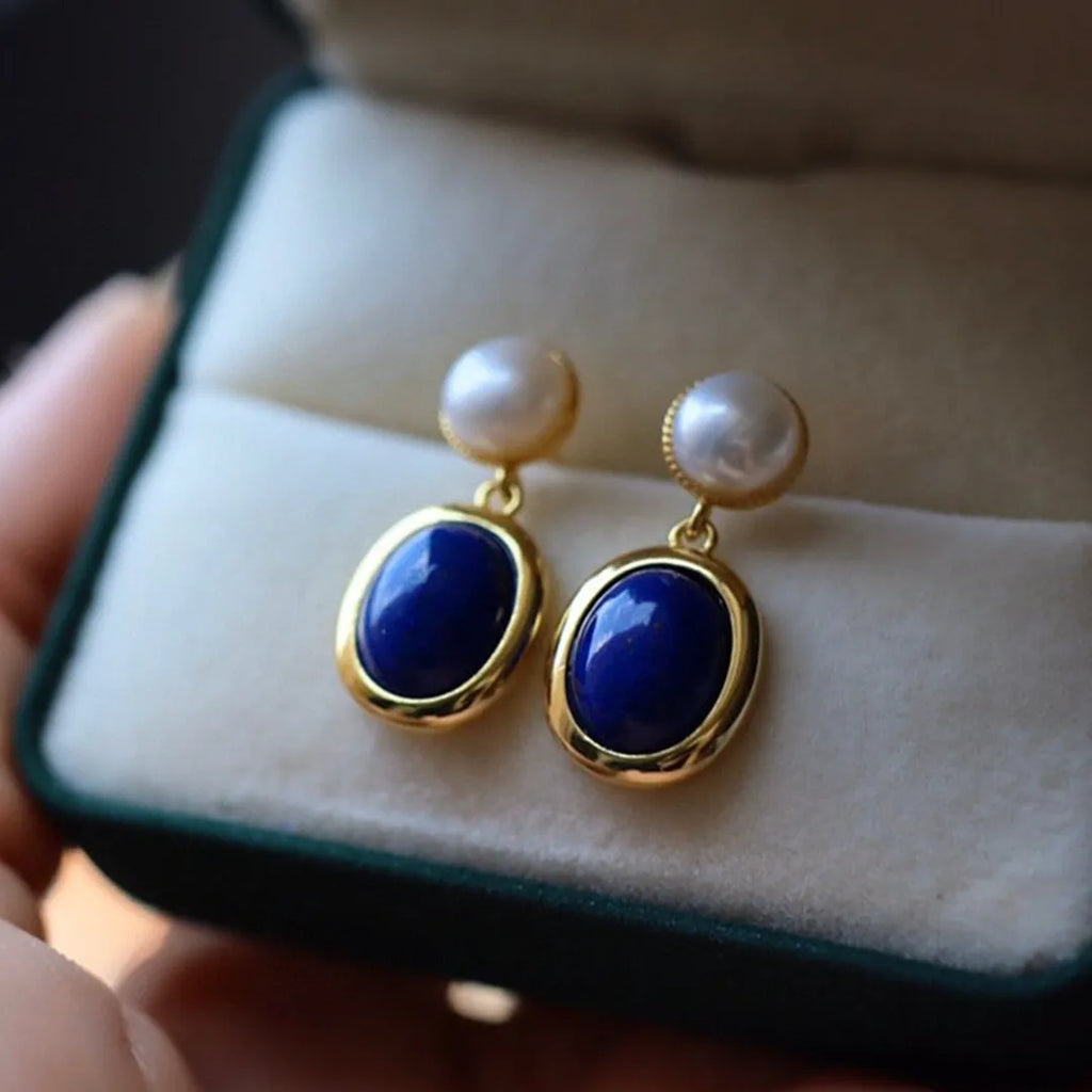 Silver lapis lazuli pearl earrings with auspicious patterns on 925 sterling silver