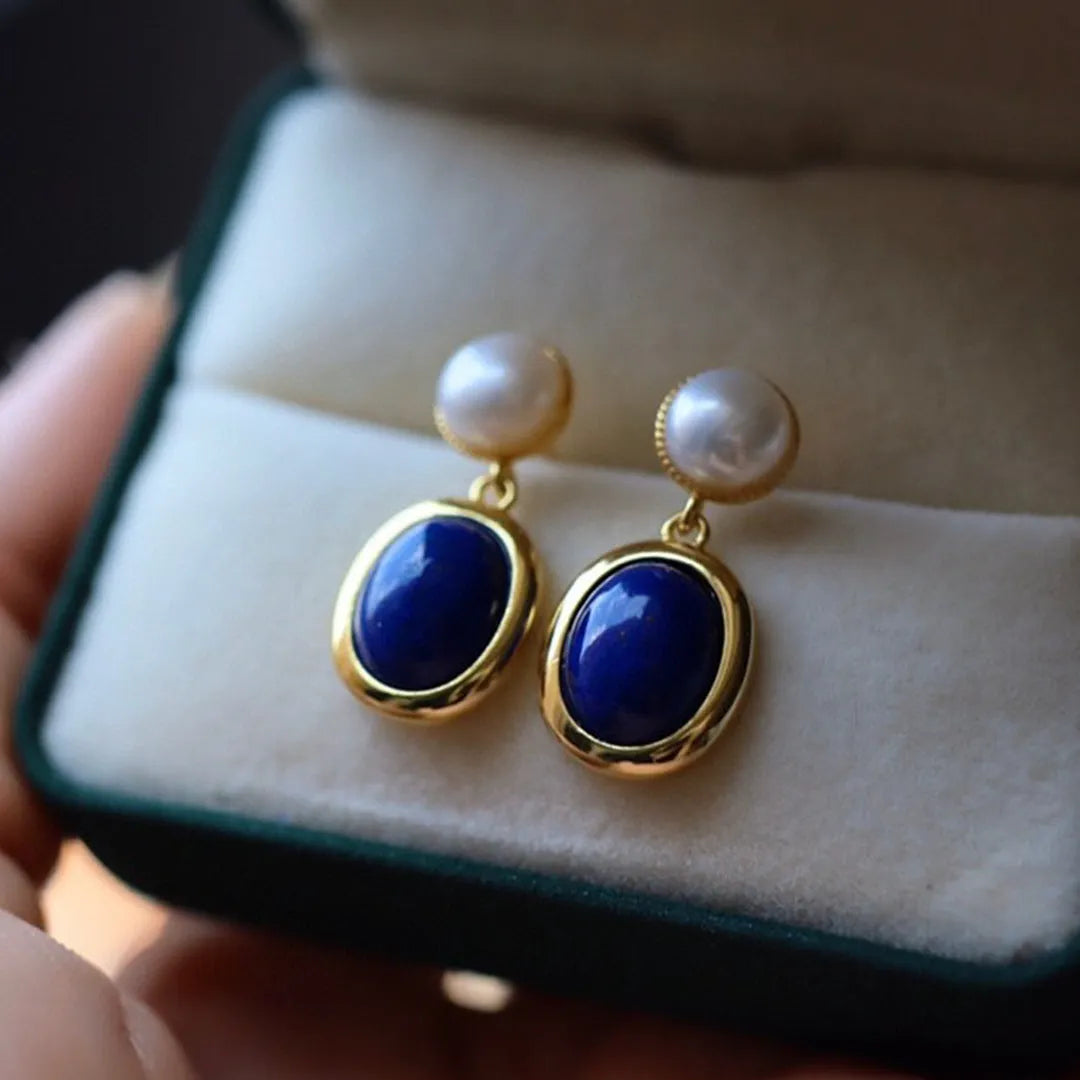 Silver lapis lazuli pearl earrings with auspicious patterns on 925 sterling silver