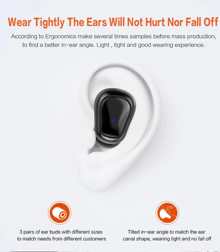 White wireless TWS sports earbuds and a small rectangular charging case on a grey background.