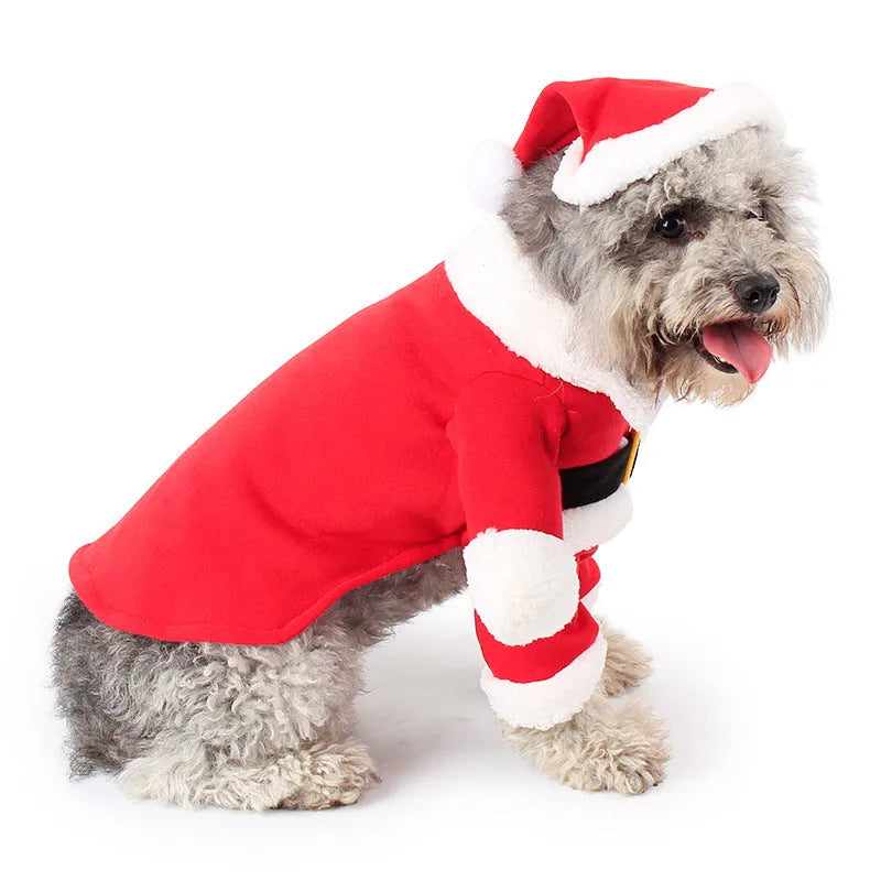 Red polar fleece Santa Claus costume for pets with stretchable design