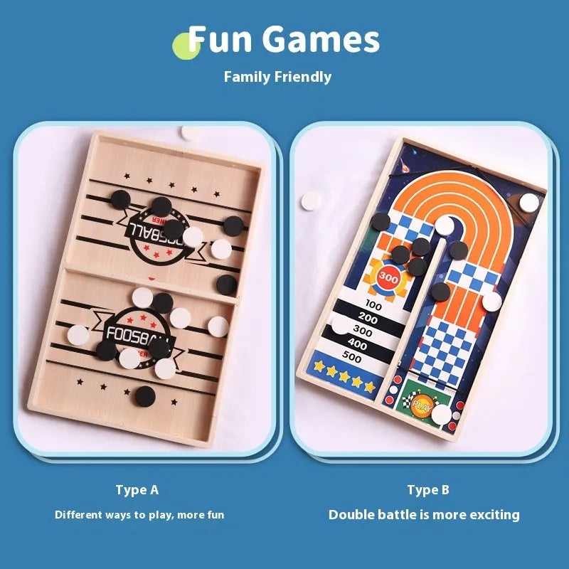 Wooden double battle catapult desktop board game with two-player pieces, shown as a tabletop parent-child puzzle toy.