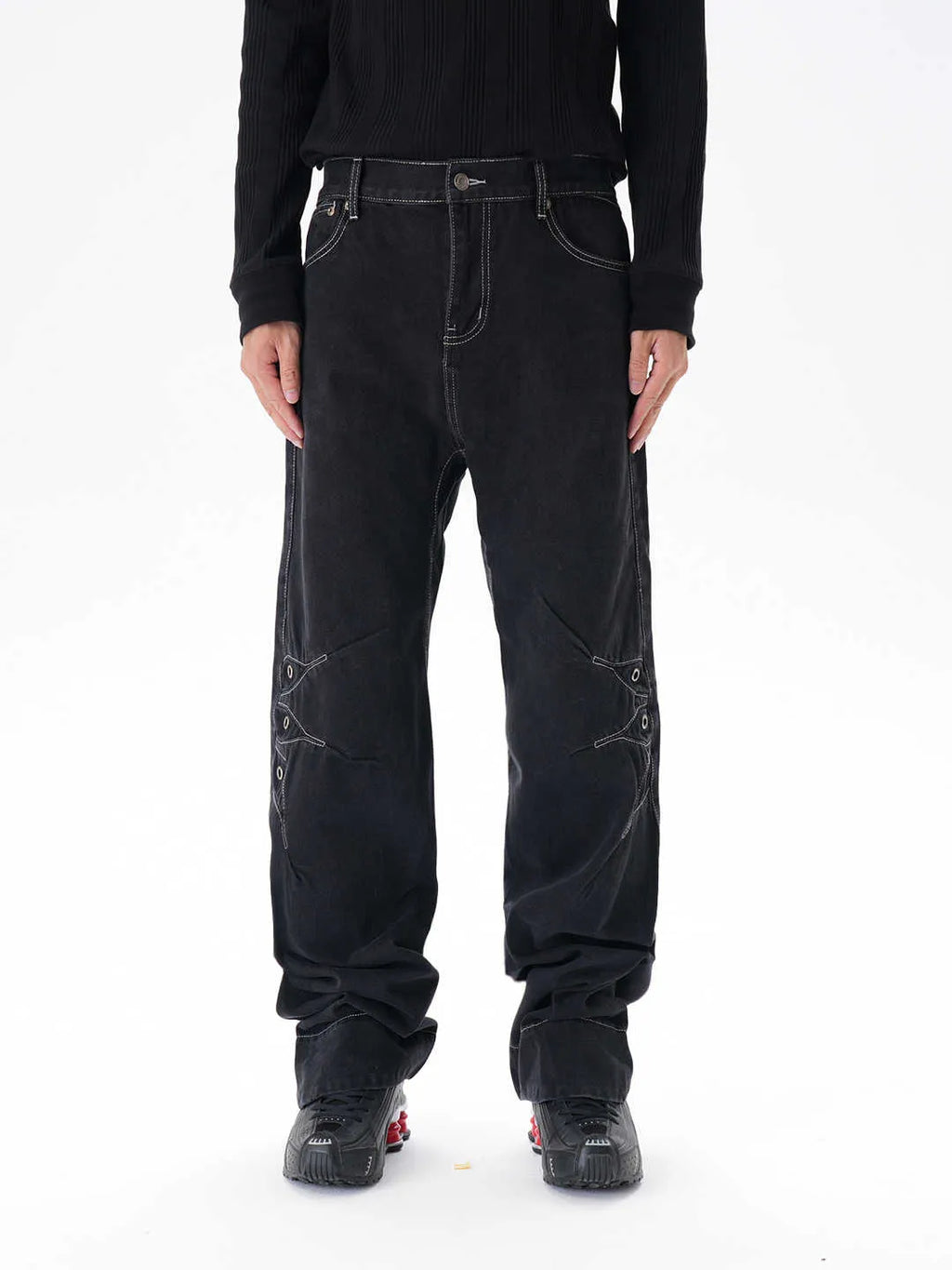 Black contrast colour loose machete denim jeans for men, wide leg trousers with zipper fly