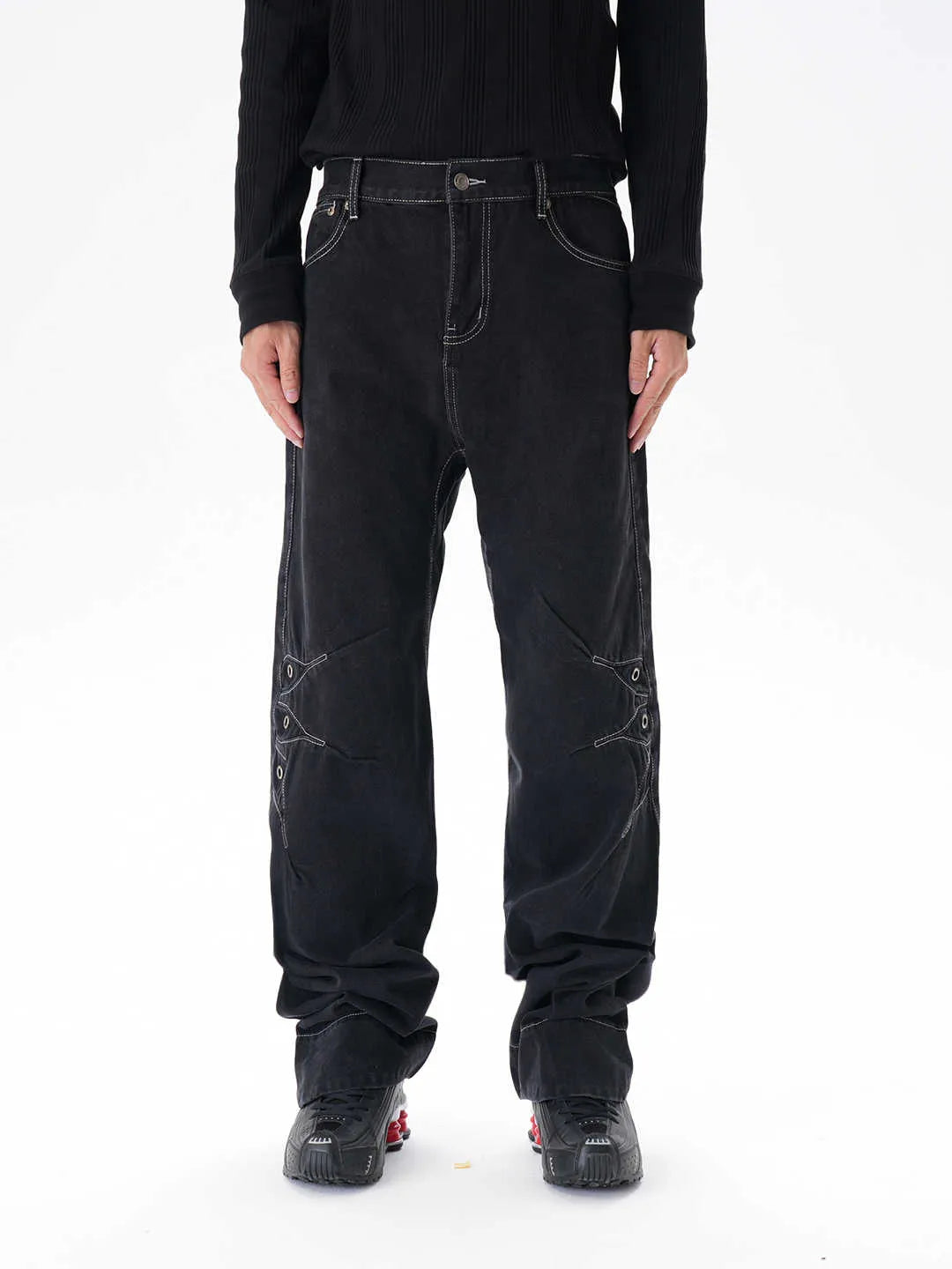 Black contrast colour loose machete denim jeans for men, wide leg trousers with zipper fly