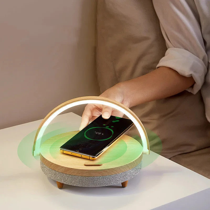 Wireless charging lamp with Bluetooth speaker and mobile phone holder in marble pattern finish