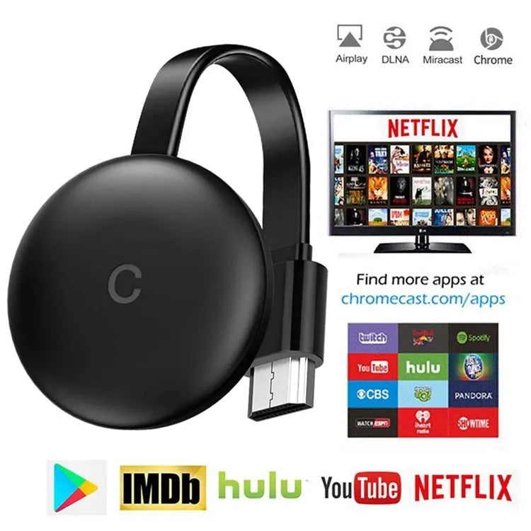 Compact black wireless display adapter for Apple devices, 4K resolution with AirPlay and Miracast support, made of ABS plastic