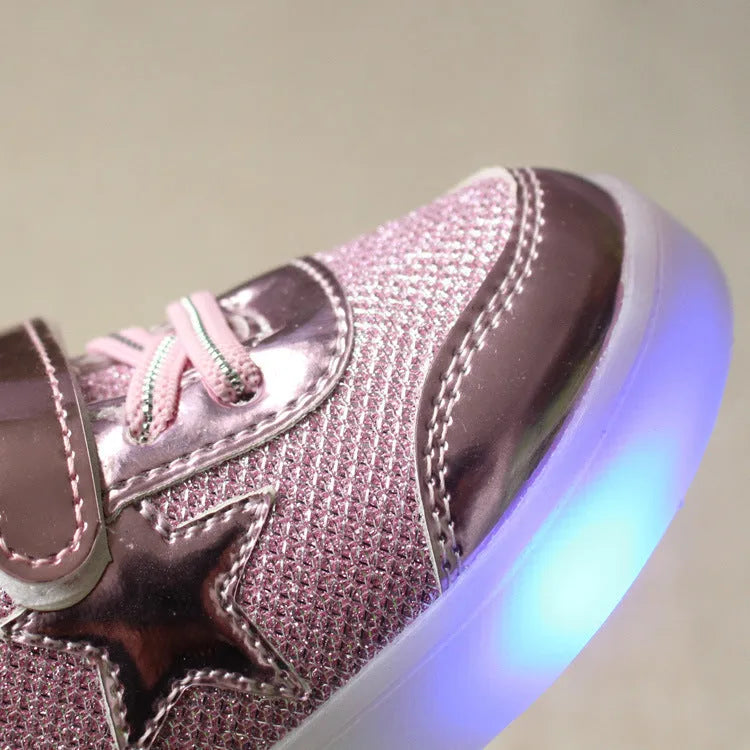 Children's LED light up shoes with button activation in golden, pink, or silvery colours