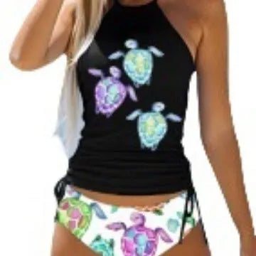 Conservative women's swimsuit with split colourful print design and cartoon patterns