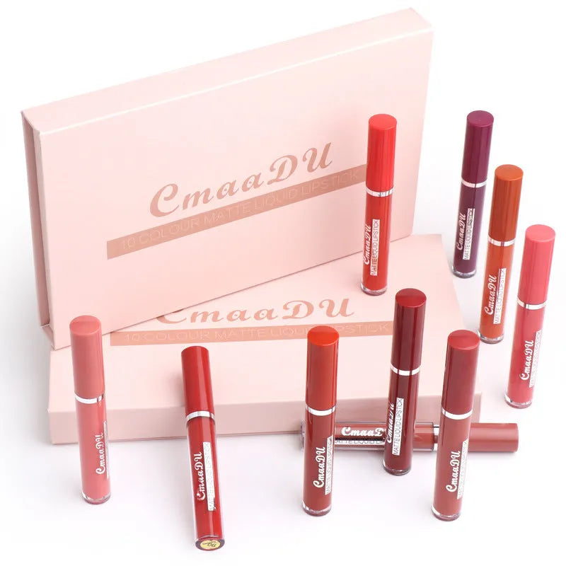 Package containing ten sticks of women's matte non-stick cup lipstick in assorted shades.