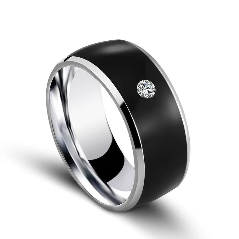 Black NFC multifunctional smart ring in sizes 6 to 13, waterproof and no power supply needed.