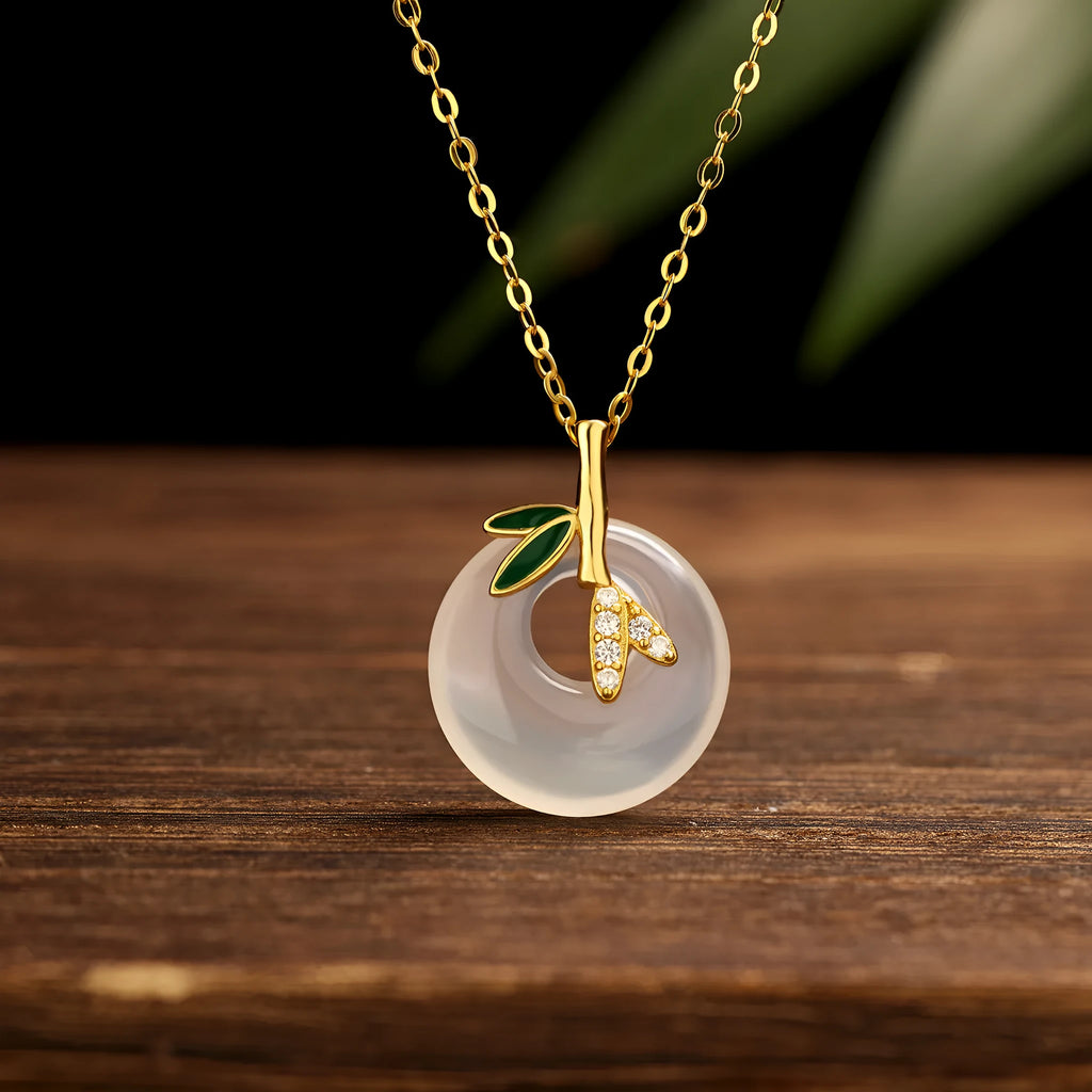 Natural chalcedony peace buckle pendant necklace in 925 silver with leaf shape and bamboo joint design, white gold finish
