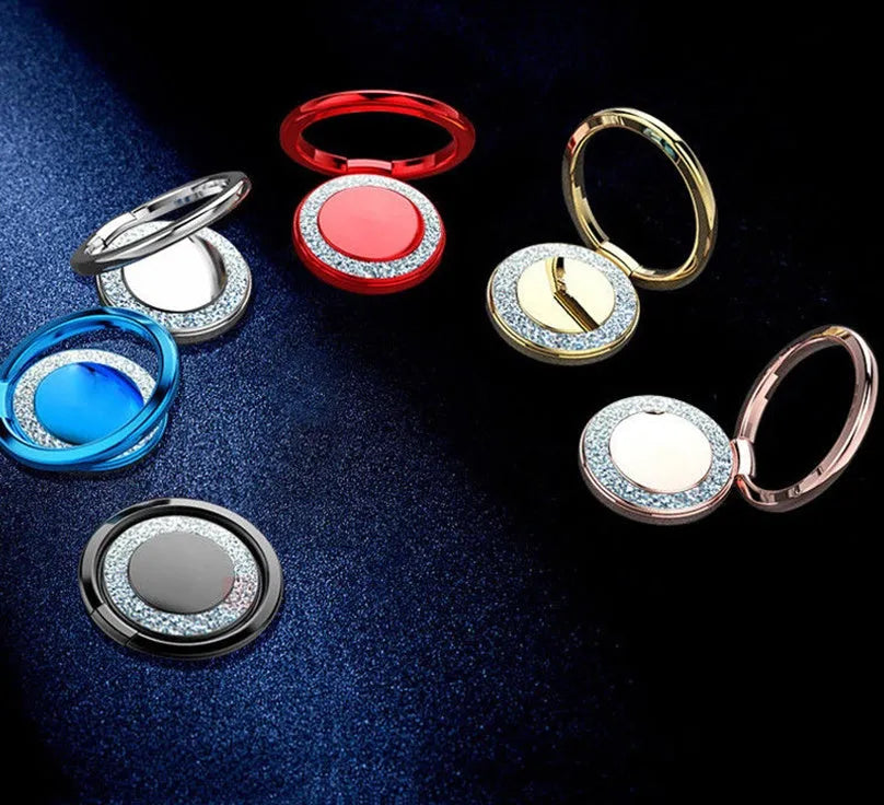 Bling glitter phone ring holder with metal construction showing rotation capability