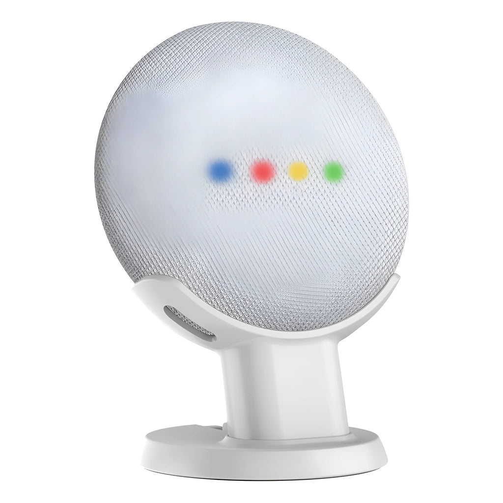 Black plastic stand holder for a Google Home Mini smart speaker on a desk