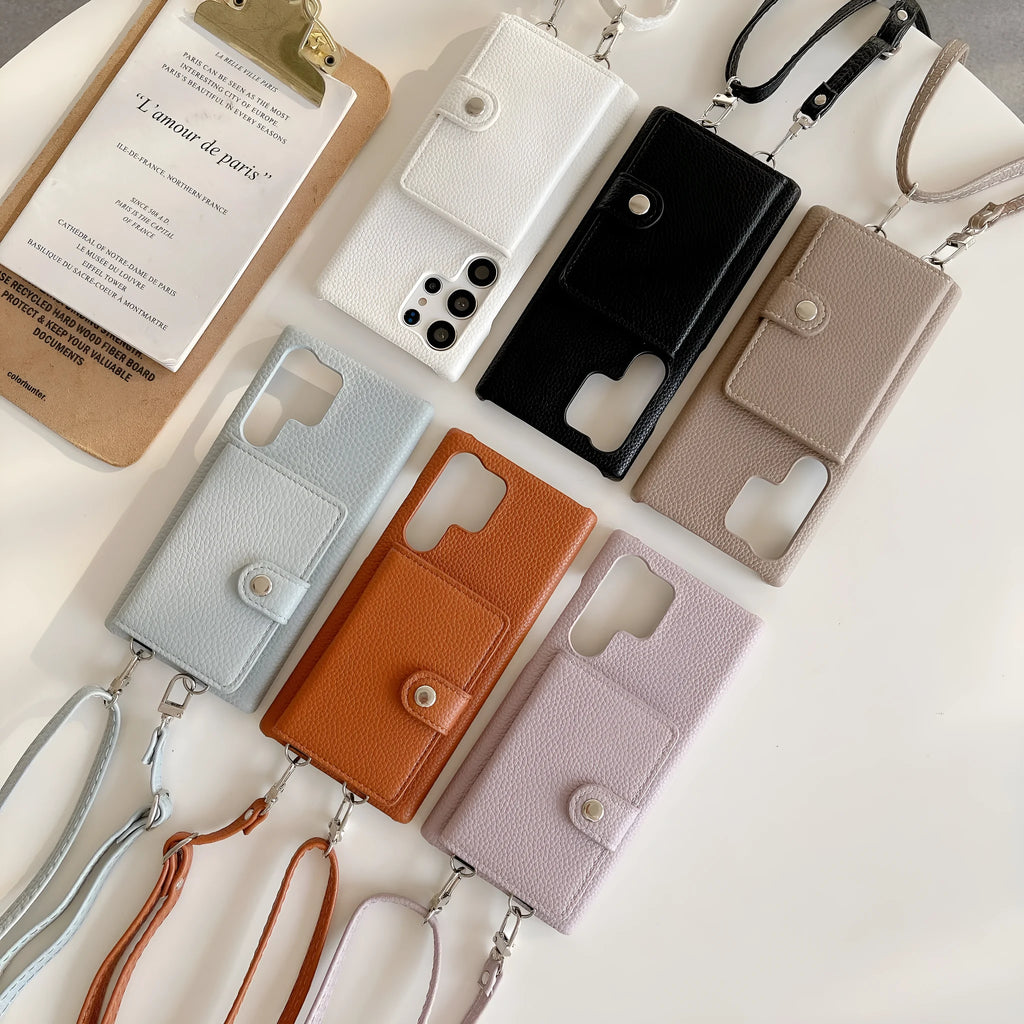 S23 Ultra lychee pattern crossbody phone case with card slots in black, left and right open PC leather cover