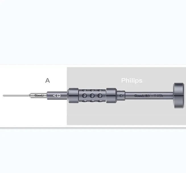 Precision screwdriver with grenade-shaped aluminium handle and multiple bit types for iPhone repair