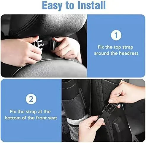 Black oxford cloth car seat buggy organiser bag hanging from vehicle seat showing 42x30cm dimensions