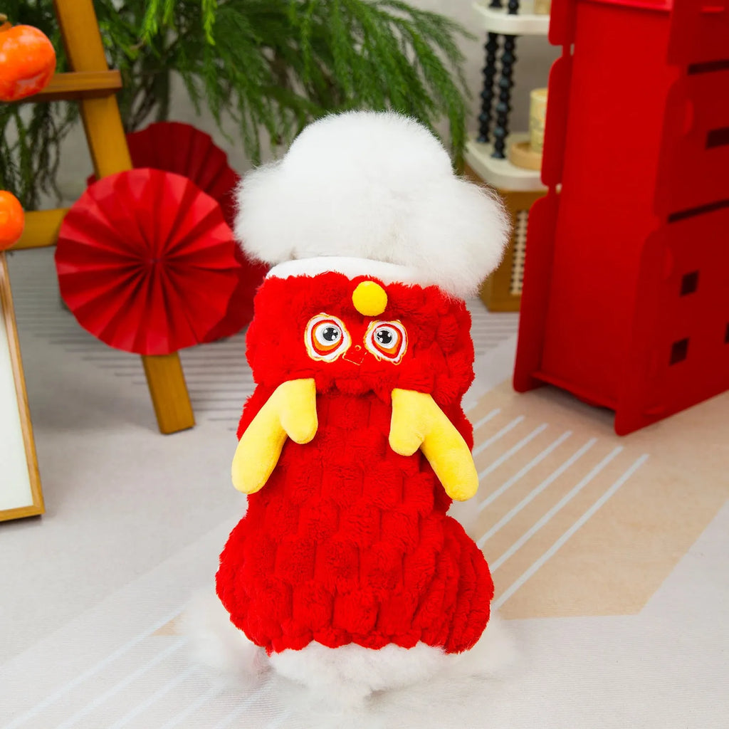 Red Little Dragon cartoon design fluffy velvet jacket for a dog or cat.