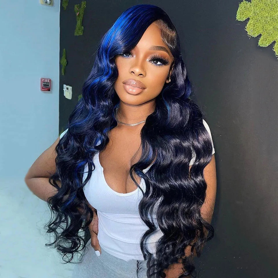 Highlight body wave human hair lace front wig with 13x4 lace, 18 inch length, and straight bangs.
