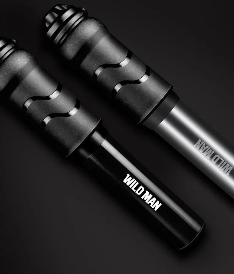 WILD MAN portable mini bike pump in Black or Silver, 158mm stored length, approximately 100PSI, Presta and Schrader valve switch