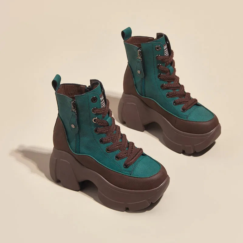 Women's retro small casual short boots in two-layer cowhide with wedge heel and elastic band, sizes 34-39