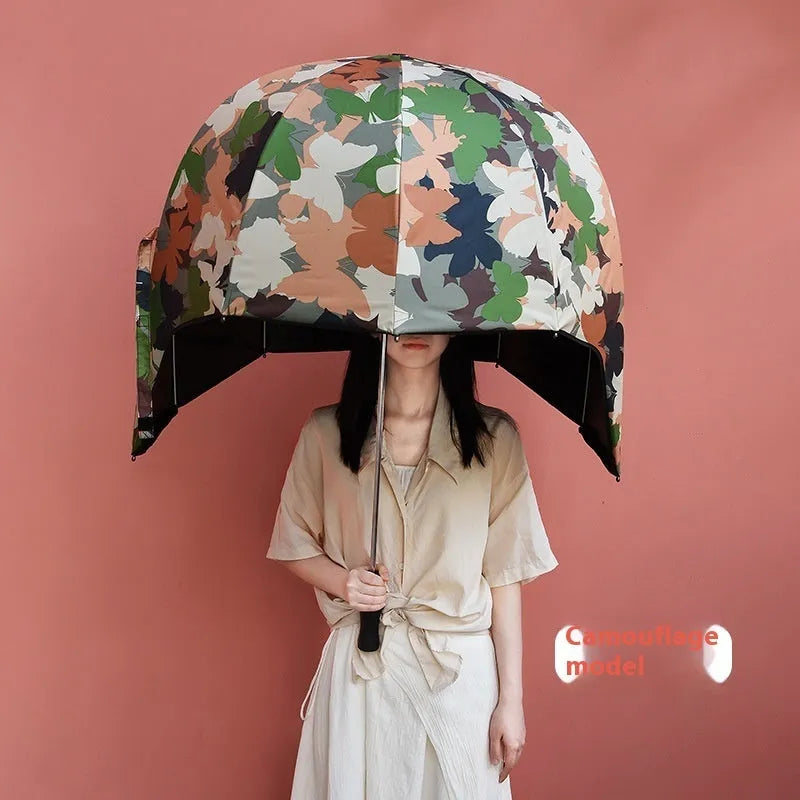 76cm diameter helmet umbrella with long handle in vinyl-laminated NC fabric showing dual sun and rain protection design