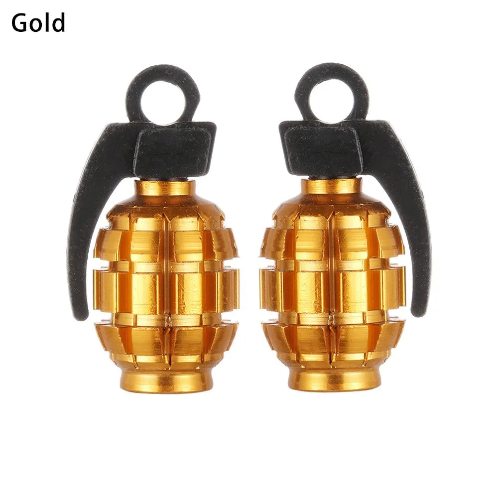 Two car tyre valve caps in red, blue, and gold colours on a white background
