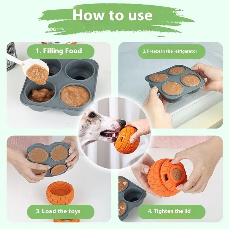 Green and orange natural rubber food dropping ball pet toy measuring 14cm