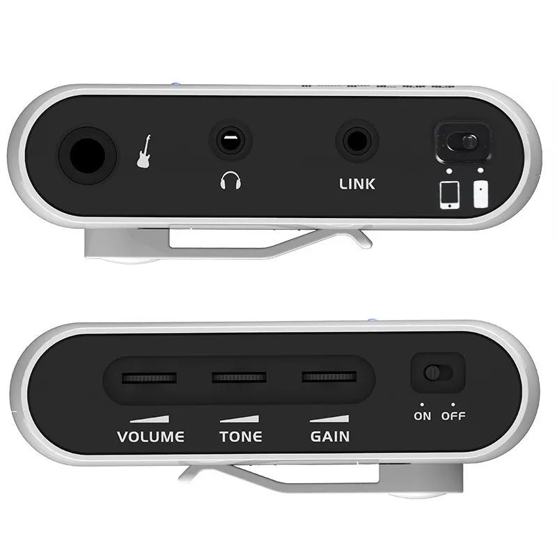 White metal distortion headphone amplifier pedal for electric guitar with Link C input connection.