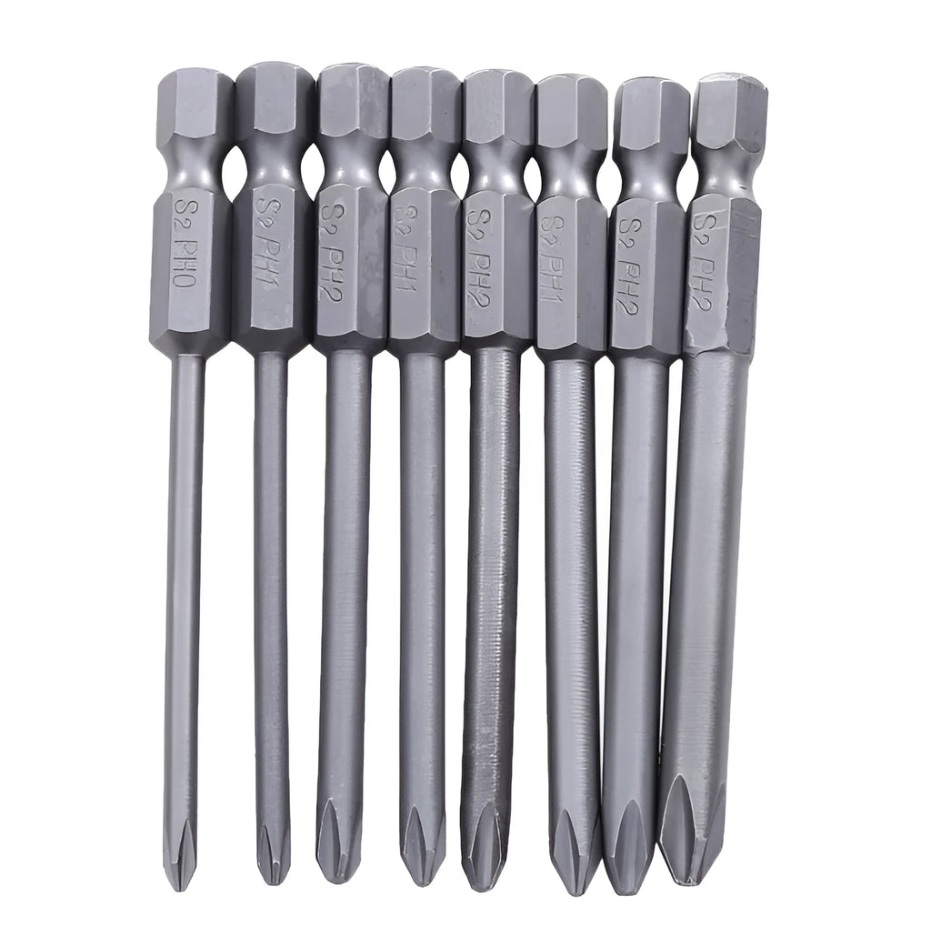 JAPAN SEALS set of eight 75mm long magnetic Phillips head screwdriver bits with hex shanks.