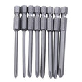 JAPAN SEALS set of eight 75mm long magnetic Phillips head screwdriver bits with hex shanks.