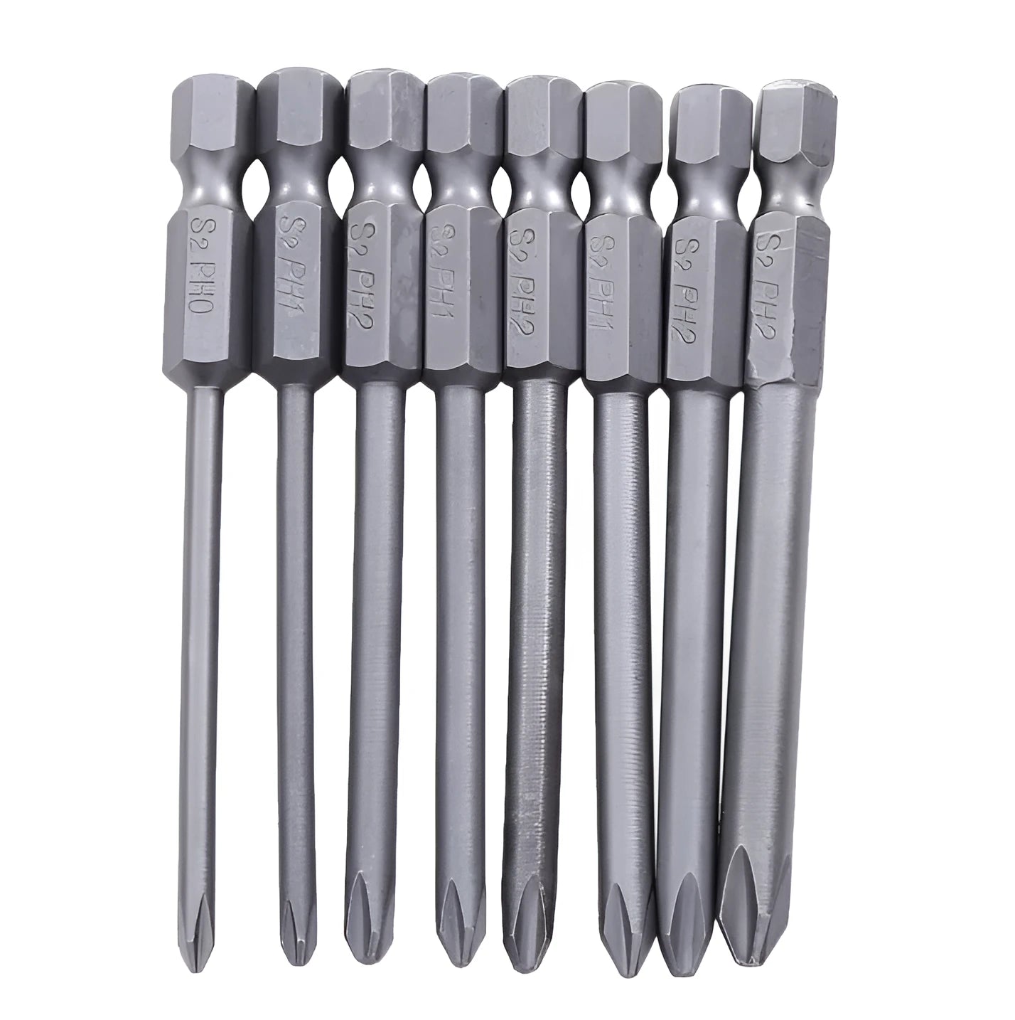 JAPAN SEALS set of eight 75mm long magnetic Phillips head screwdriver bits with hex shanks.