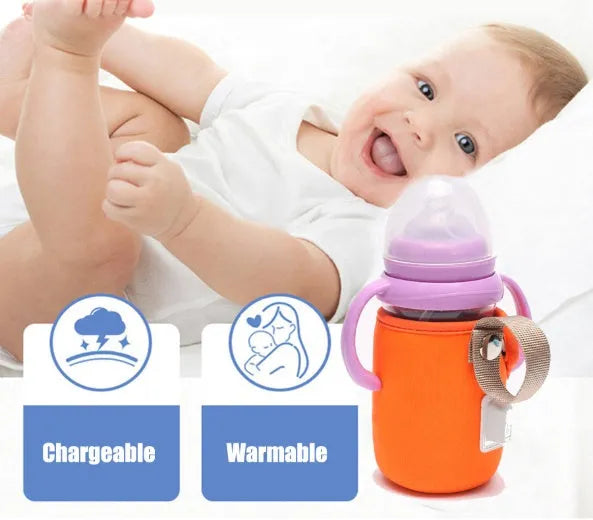 Baby USB bottle warmer with cotton cover showing orange and blue colour options