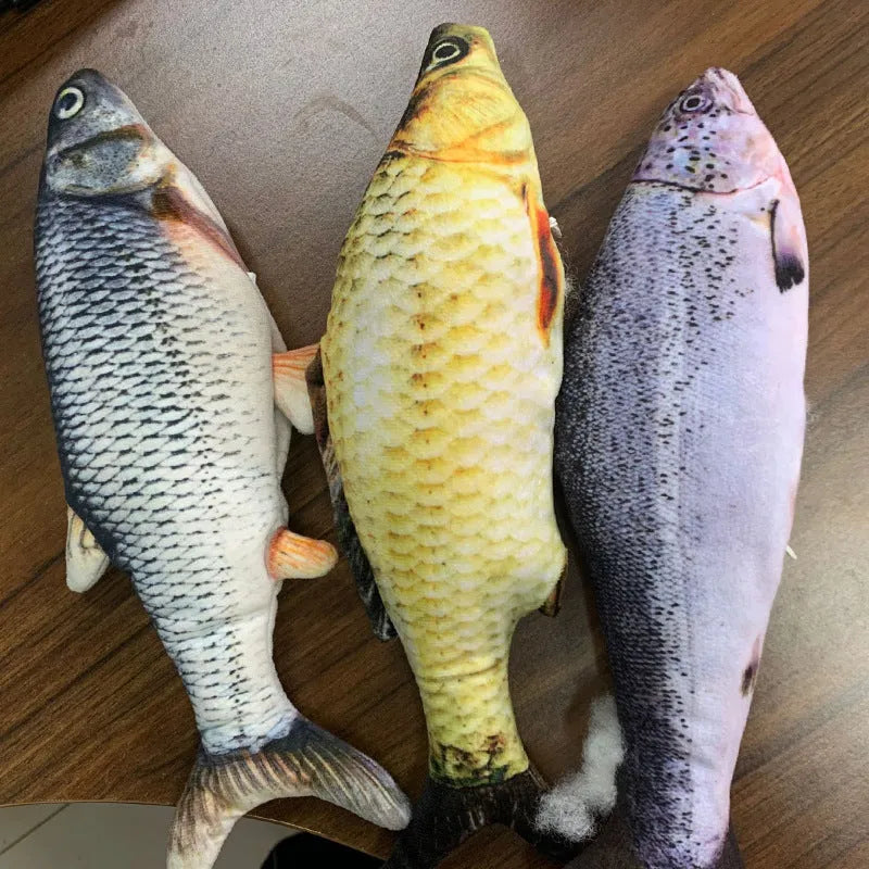 Multicolour electronic jumping fish cat toy with USB cable, measuring 30cm.