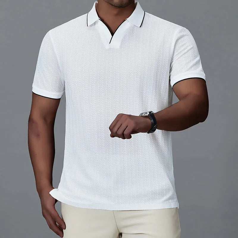Men's black nylon polo shirt with short sleeves and loose casual fit on hanger