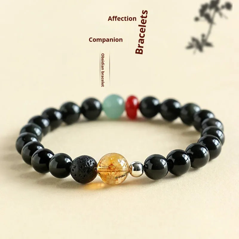 Chinese style obsidian yellow tower crystal agate jade bracelet in 8mm or 10mm bead sizes
