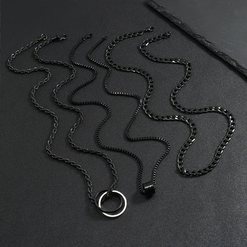 Black titanium steel necklace with cylindrical ring buckle pendant on stainless steel chain