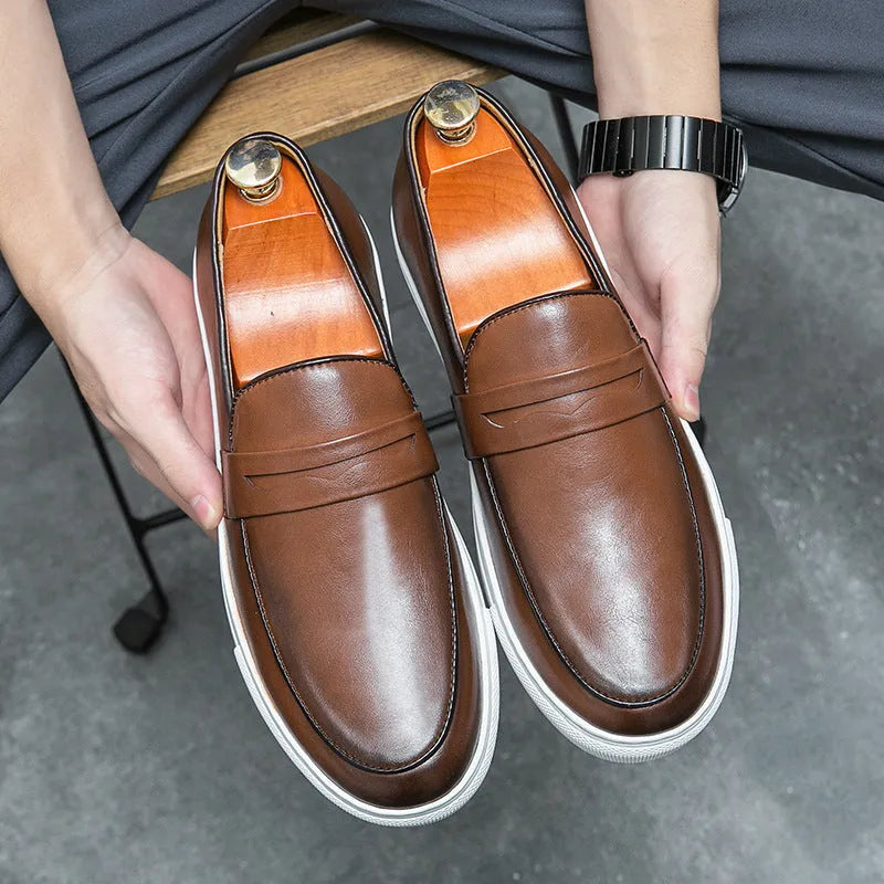 Plus size men's board shoes in black with round toe, flat heel, and artificial PU upper