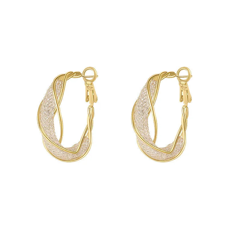 Mixed material mesh crystal and silver geometric ring shape earrings for women electroplated finish