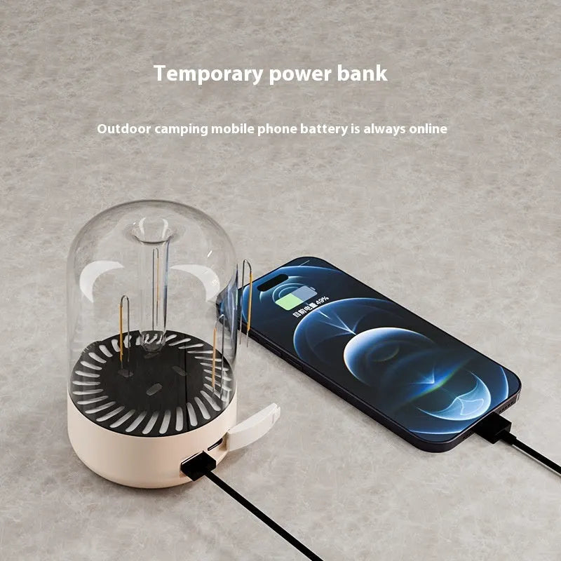 Beige and black camping ambience light with control knob and USB port for charging 18650 batteries